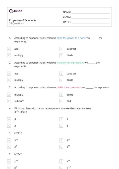 50+ Properties of Exponents worksheets for 8th Class on Quizizz | Free ...