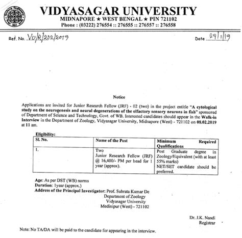 Vidyasagar University Neurogenesis JRF Walk INs