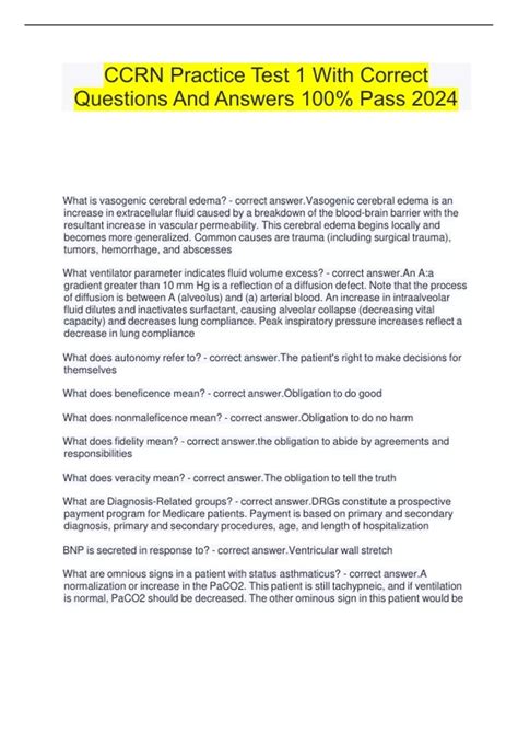 CCRN Practice Test 1 With Correct Questions And Answers 100% Pass 2024 ...