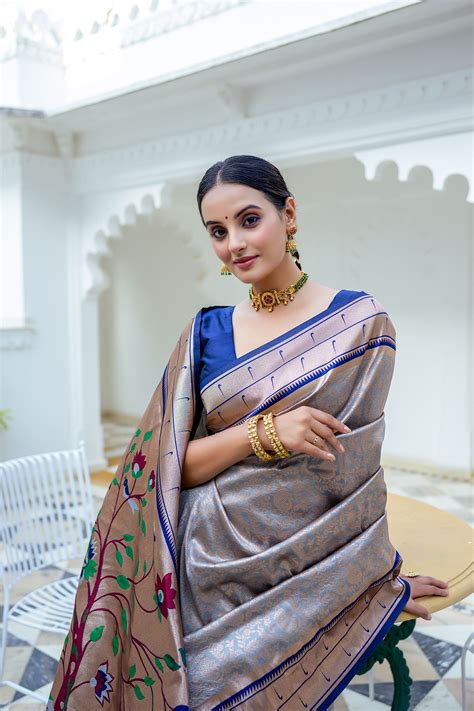 GREY KANJIVARAM PAITHANI SILK SAREE – Ethnusvilla