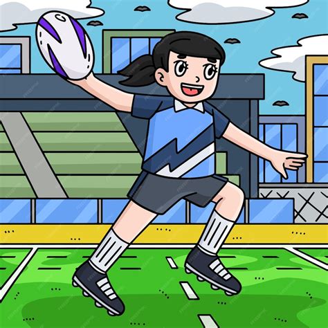 Female rugby player passing ball colored cartoon | Premium Vector