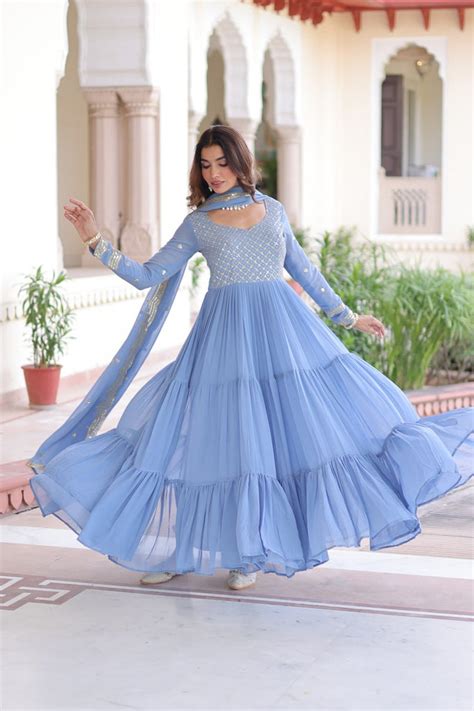 Sky Blue Royal Faux Georgette Embroidered Gown with Sequins