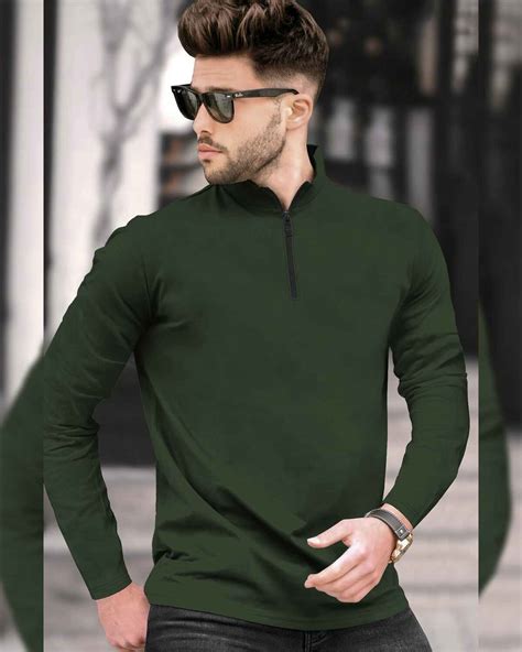 Buy Men Plain Solid Olive Green White Piping Full Hand T-shirt Online ...