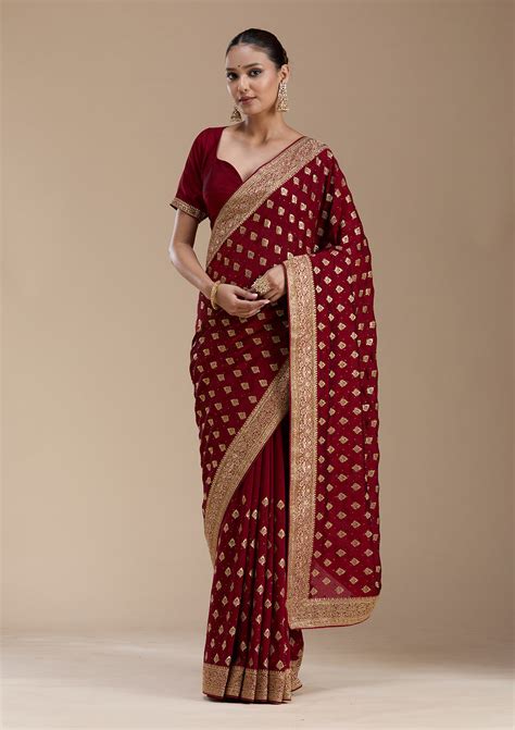 Buy Maroon Zariwork (Gold) Soft Raw Silk Saree - Koskii