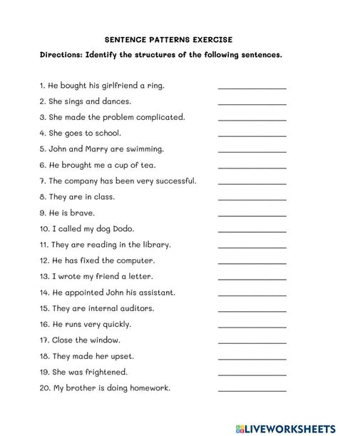 Image result for Sentence Pattern Worksheet