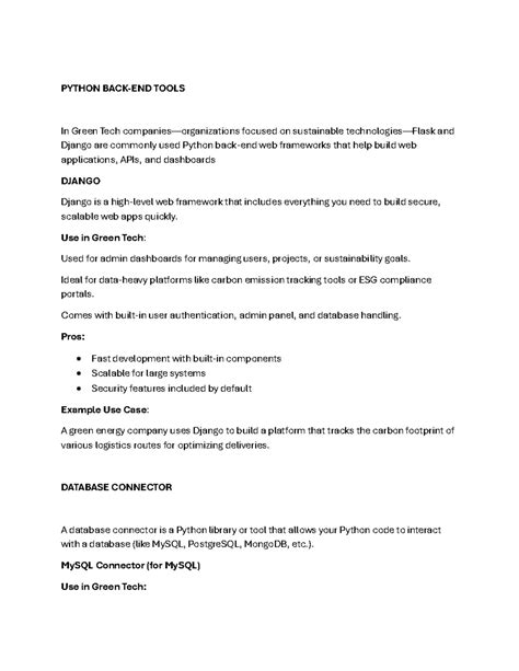 PYTHON TOOLS FOR GREEN TECH: DJANGO & DATABASE CONNECTORS - Studocu