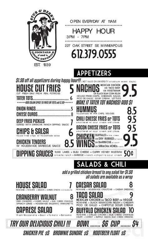 Stub and Herbs menu in Minneapolis, Minnesota, USA