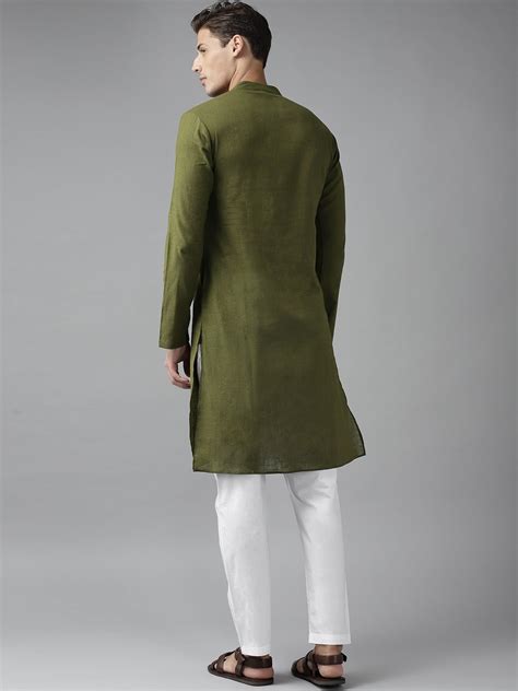 Men Olive Green Cotton Slub Straight Kurta – See Designs