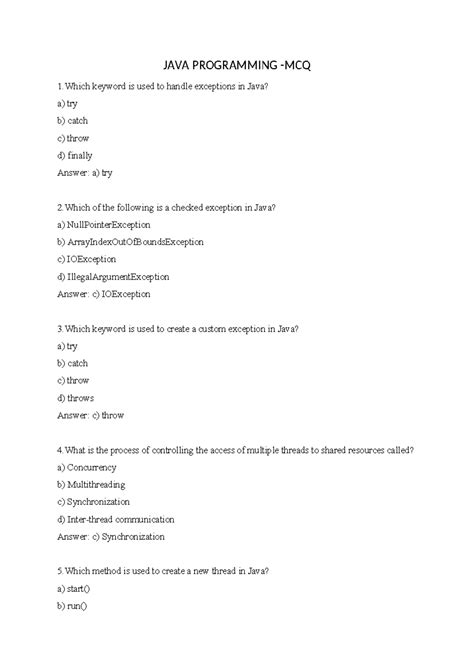 JAVA Programming - JAVA PROGRAMMING -MCQ 1 keyword is used to handle ...