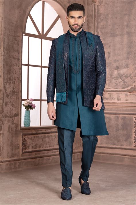 Teal Blue Thread Embroidered Jacket Style Indowestern Set In Silk For ...