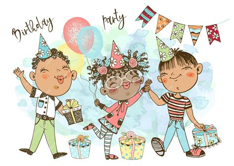 Kartka urodzinowa Przyjęcie urodzinowe Wesołe dzieci w świątecznych ...
