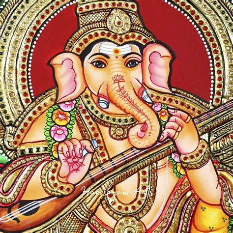 18" Lord Ganesha Tanjore Painting Seated on Peacock Throne with Gold H