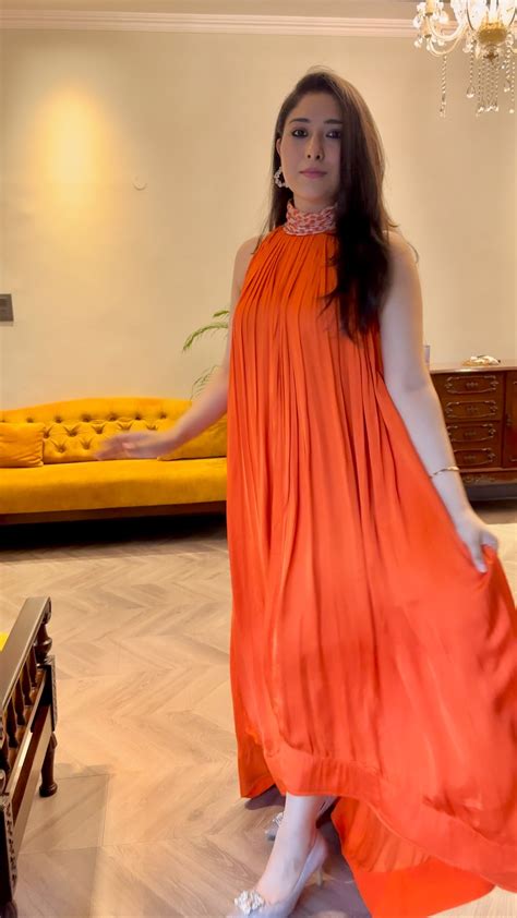 Orange-Pink Braided Halter Neck Gather Gown – Neora By Nehal Chopra