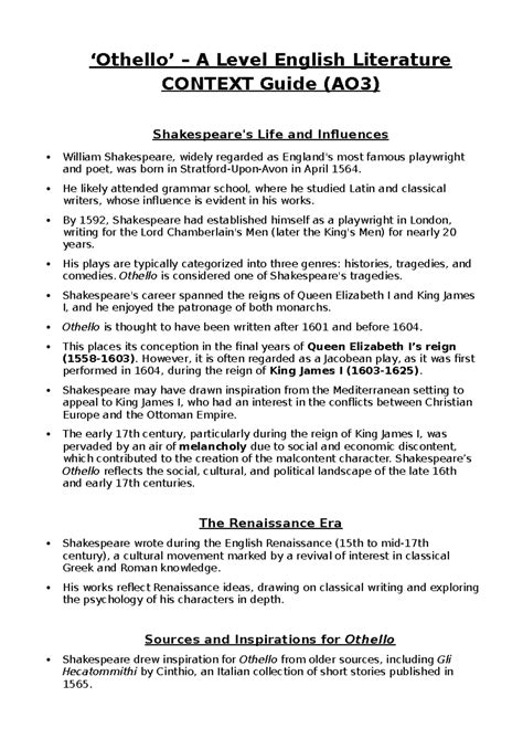A Level English Literature Context Guide (AO3): Life & Influences in Othello - Studocu