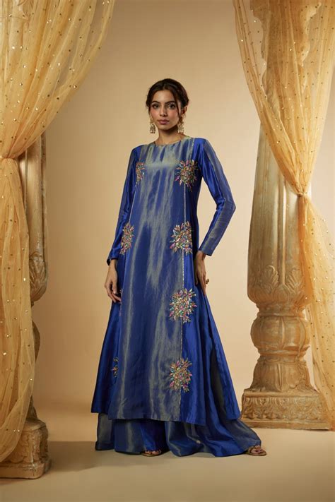 Zena- Ink Blue Chanderi Silk and zari Organza Pitta work kali kurta Se ...