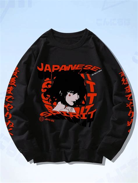 ROMWE MEN Anime Guys Japanese Letter & Figure Graphic Sweatshirt ...