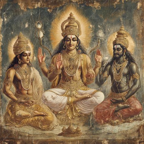 A painting of three Hindu deities Brahma Vishnu and Shiva seated ...