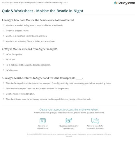 Quiz & Worksheet - Moishe the Beadle in Night | Study.com