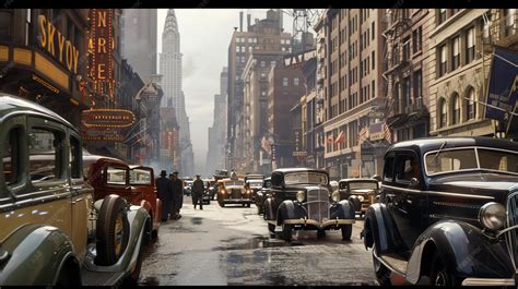 New York City street in the 1930s with vintage cars and people crossing ...