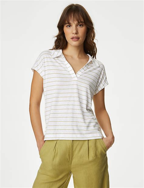 Buy Linen Blend Striped Collared Top at Marks & Spencer