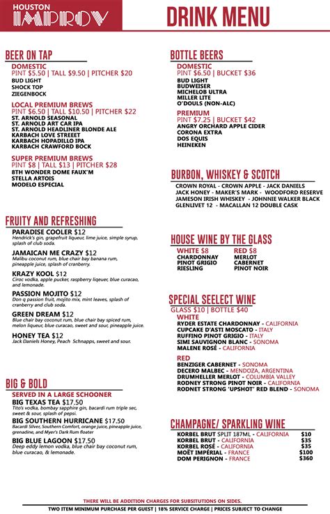 Houston Improv Food and Drink Menus