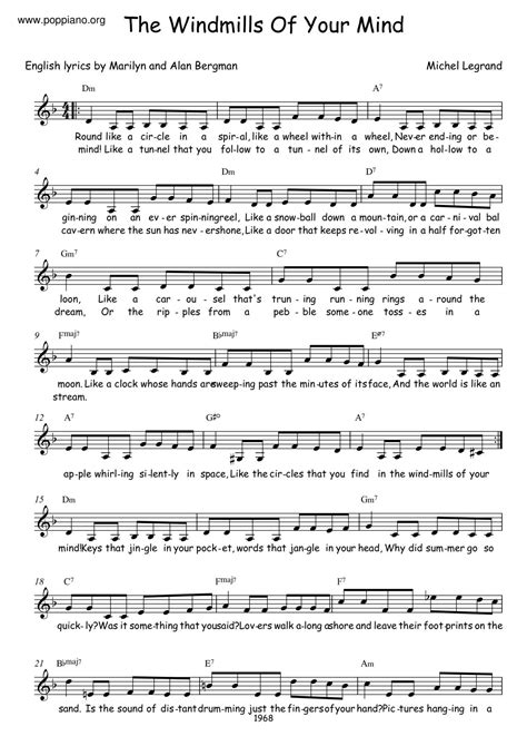 Michel LeGrand-The Windmills Of Your Mind Sheet Music pdf, -風のささやき 악보 - Free Score Download ★