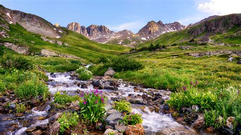 Download wallpaper grass, flowers, mountains, stream, stones, valley ...