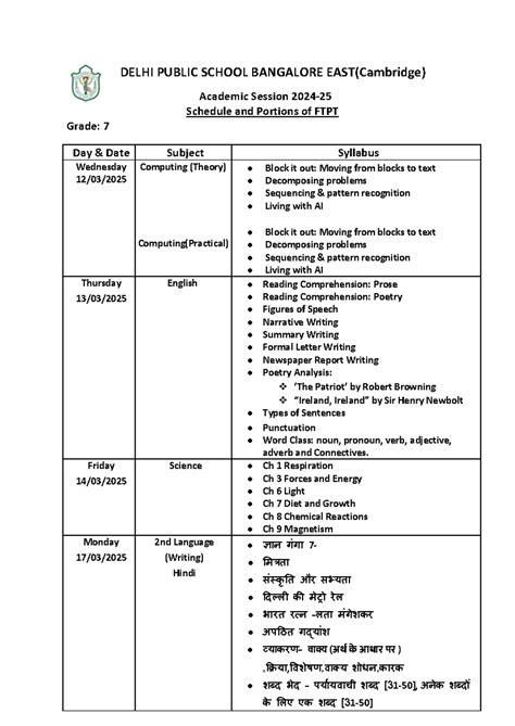 DPS Bangalore East Grade 7 Academic Schedule & Portions FTPT - Studocu
