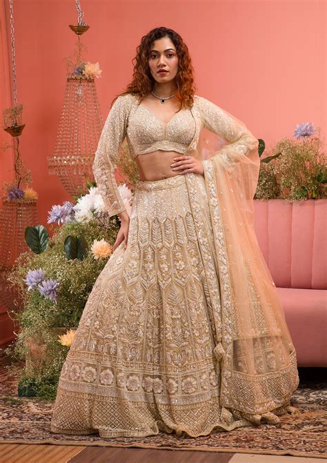 Buy Gold Stonework Net Readymade Lehenga - Koskii