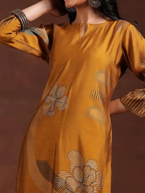 Buy Mustard Printed Silk Blend Straight Suit With Dupatta Online at Rs ...