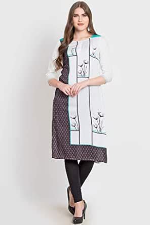 Buy MICHKOO White Color Printed Design Round Neck 3/4th Sleeve Kurtis ...