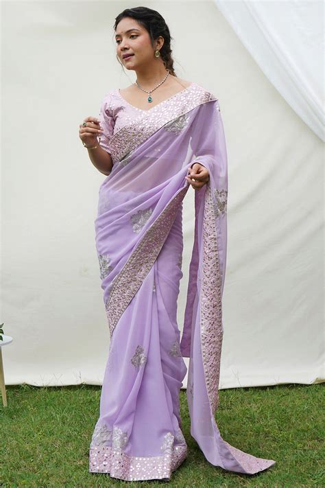 Buy Lavender Georgette Saree With Blouse Piece 14016 Online | Karagiri