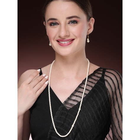 Buy NVR Womens White Pearl Gold-Plated Long Necklace with Earrings Online