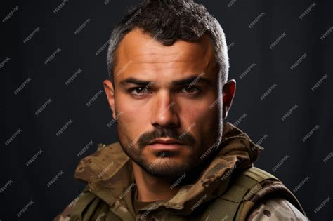 Portrait of a soldier with a beard and mustache wearing military ...