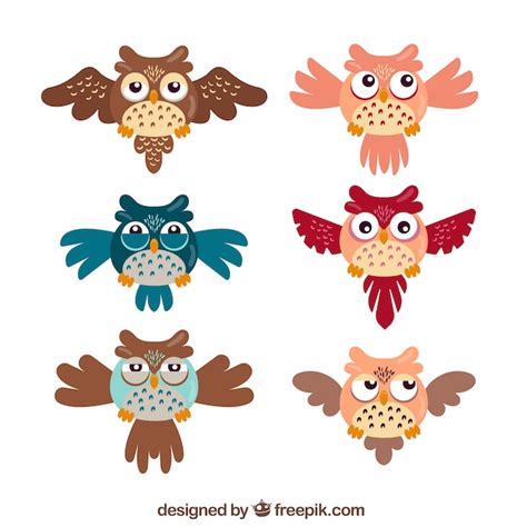 Cartoon Eule Pack von sechs | Kostenlose Vektor