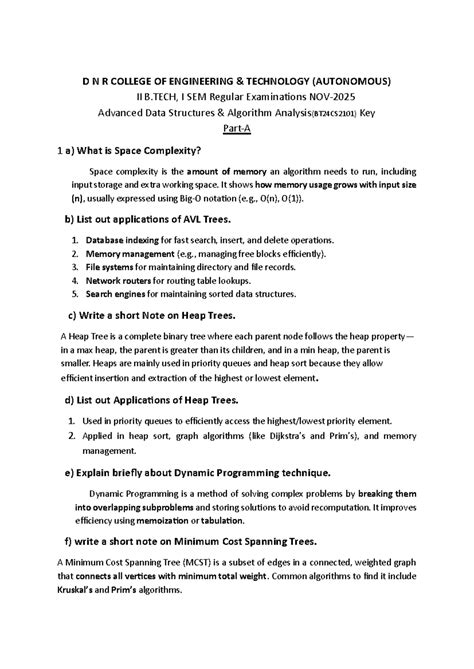 Advanced Data Structures & Algorithm Analysis (BT24CS2101) Exam Key ...