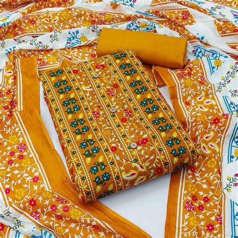 Mustard Floral Printed Pure Cotton Dress Material