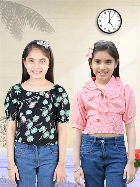 Cutiekins Pack Of 2 Printed Square Neck Polyester Top-Black & Peach