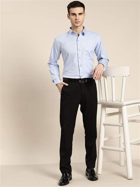 Men Blue Solid Self Design Pure Cotton Slim Fit Formal Shirt