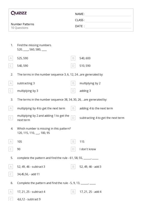 50+ Number Patterns worksheets for 5th Class on Quizizz | Free & Printable