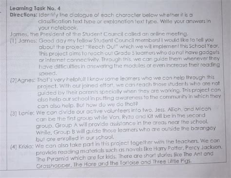 Learning task No. 4 Directions: Identify the dialogue of each character ...