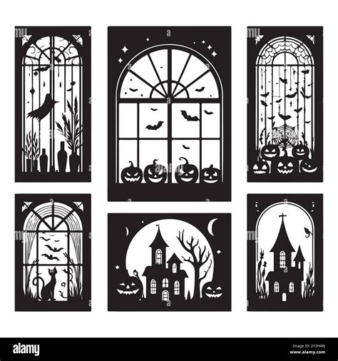 Set of Halloween window silhouettes isolated on a white background ...