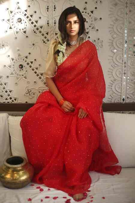 Buy Red Organza, Silk Beads Bandhani Pattern Saree With Unstitched ...