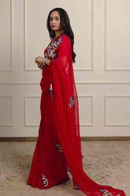 Buy Red Silk, Chiffon, Crepe Embroidery Floss Saree With Unstitched ...