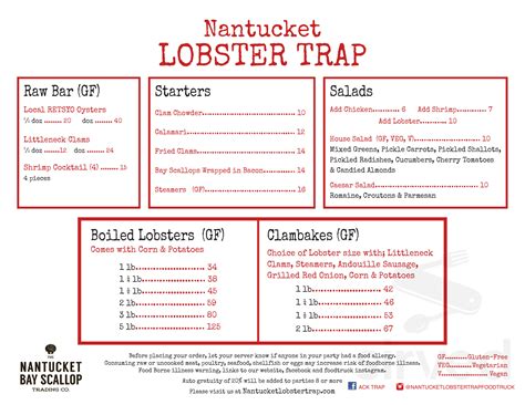 The Nantucket Lobster Trap menu in Nantucket, Massachusetts, USA