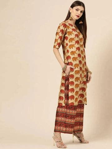 Buy Beige Self Design Chanderi Silk Straight Kurta With Palazzos ...