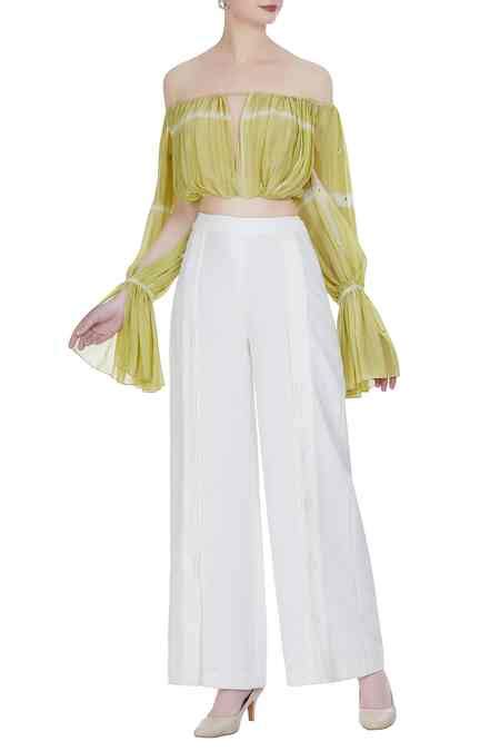 Buy Yellow Silk Plain Tie-dye Cutout Off-shoulder Crop Top With High ...