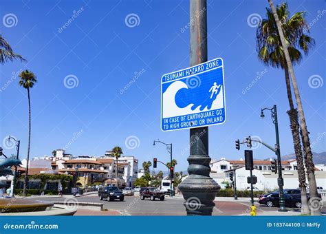 Santa Barbara View with Tsunami Hazard Zone Sign Editorial Image ...