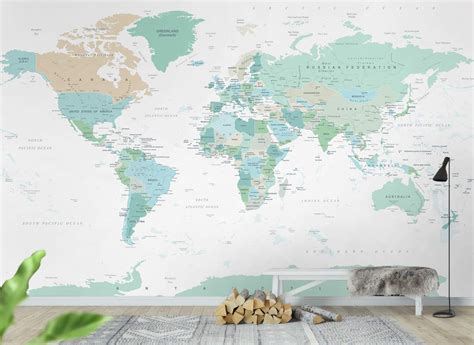Murwall Map Wallpaper Political World Map Wall Mural Green Map ...