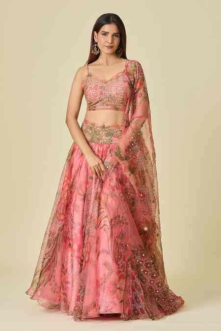 Buy Pink Chiffon, Georgette Sequins, Beads, Mirrors Floral Vine Print ...